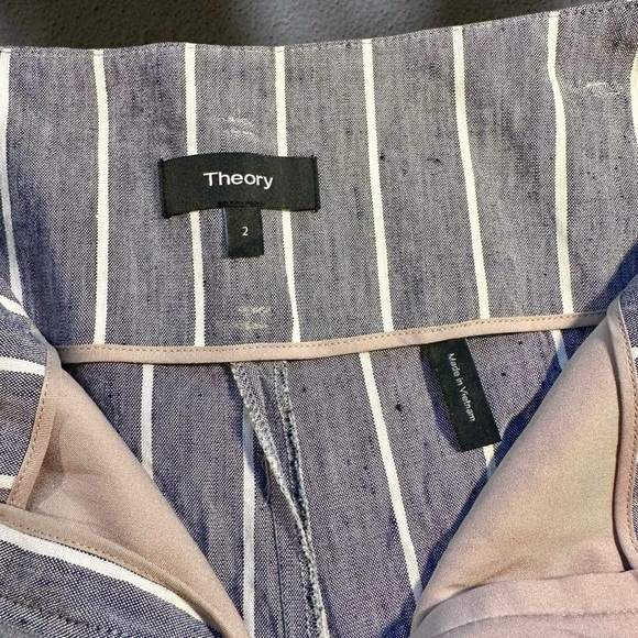 NWOT Theory ‘Wythe Linen Belted High Waist Striped Shorts’ in “Indigo Multi” 2 - Picture 7 of 13